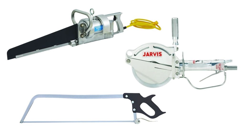 A Jarvis circular saw and Jarvis Wellsaw featured alongside a traditional butcher saw